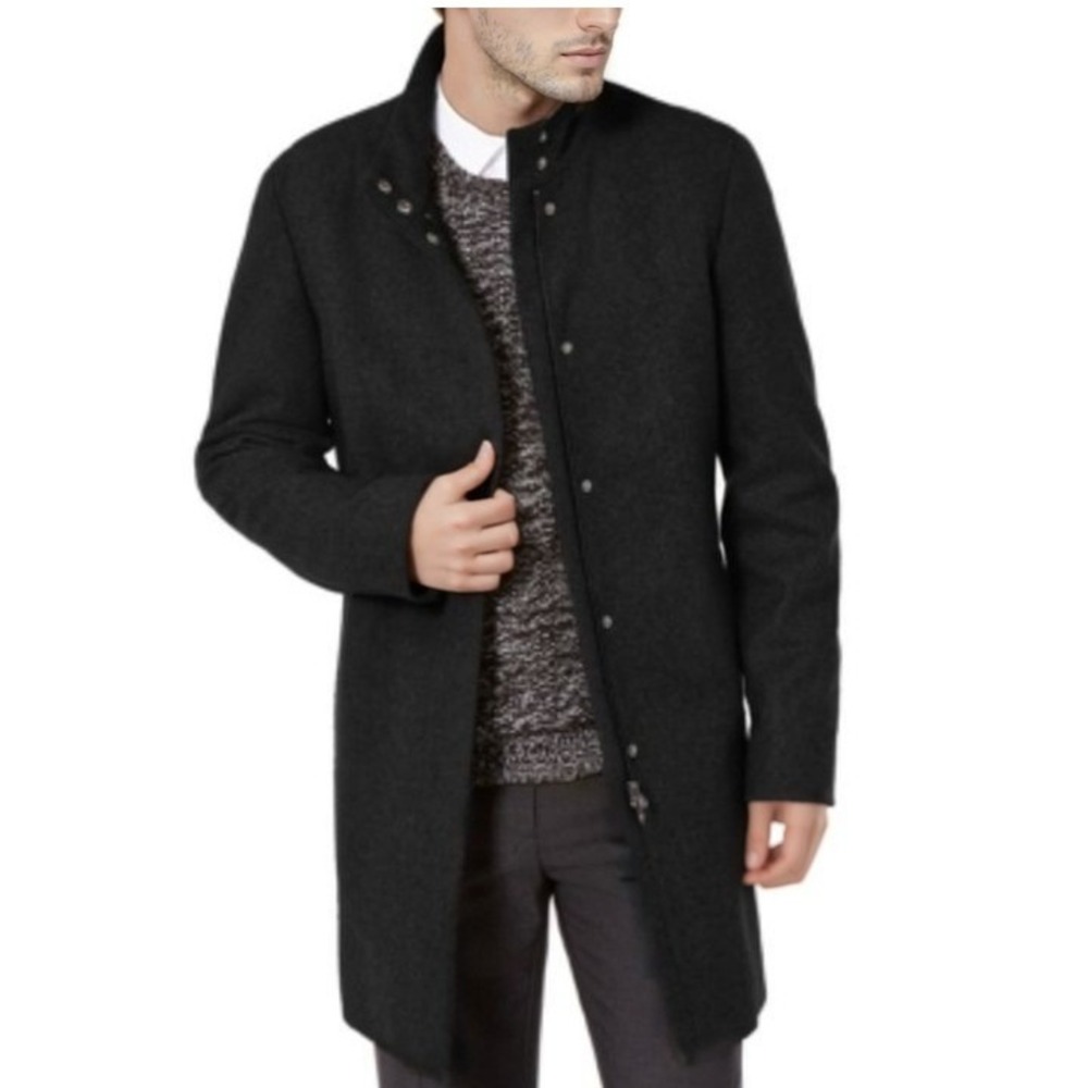 Calvin Klein Mens Mayden Overcoat 46R Black Slim Fit Wool Blend Trench Jacket